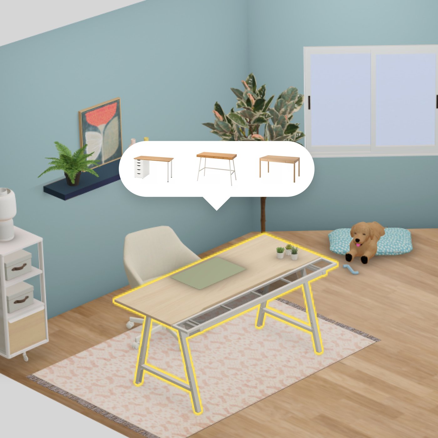 An animated view of IKEA Kreativ featuring a desk with a yellow outline and three additional options to choose from to furnish your room.
