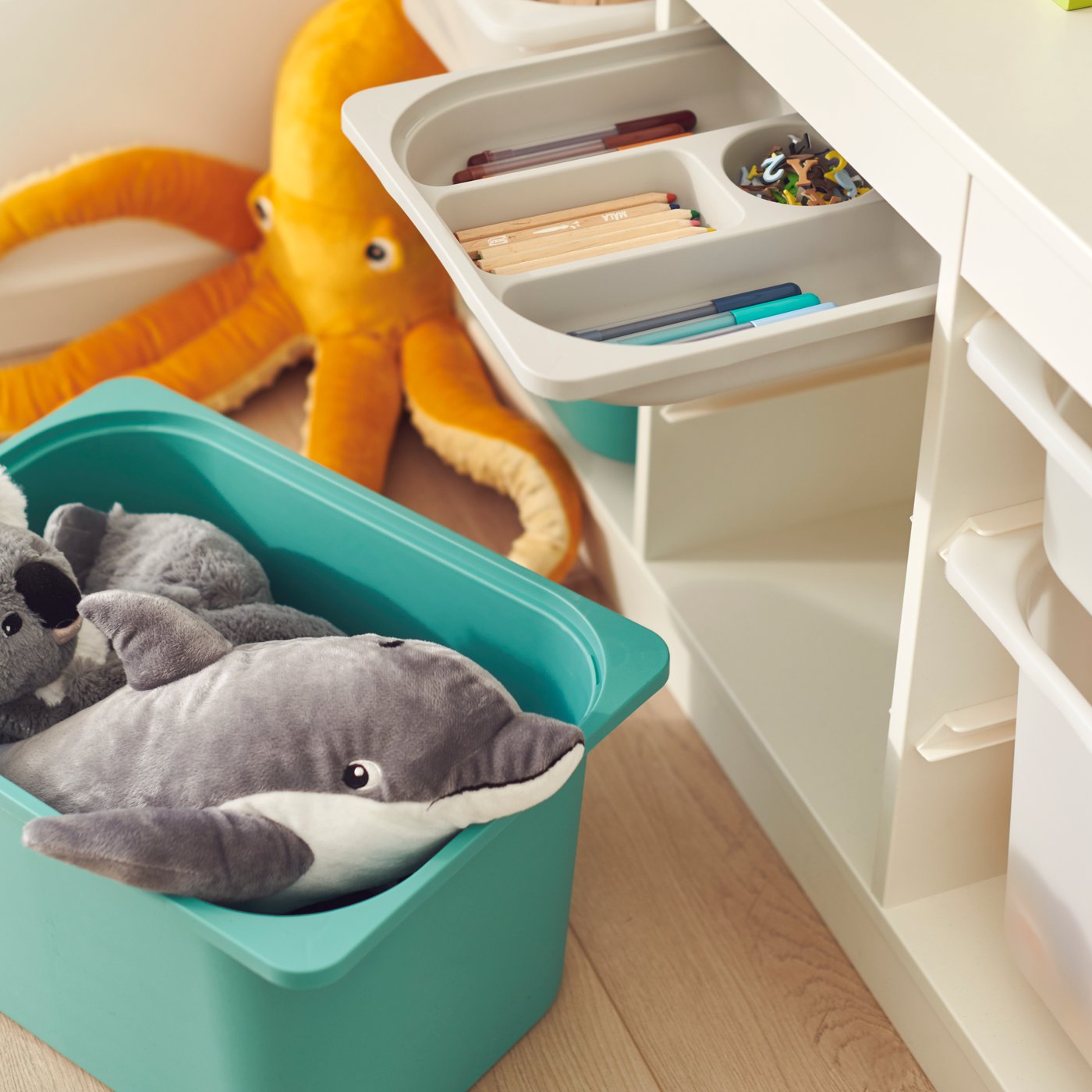TROFAST storage frame with yellow TROFAST boxes in children's bedroom