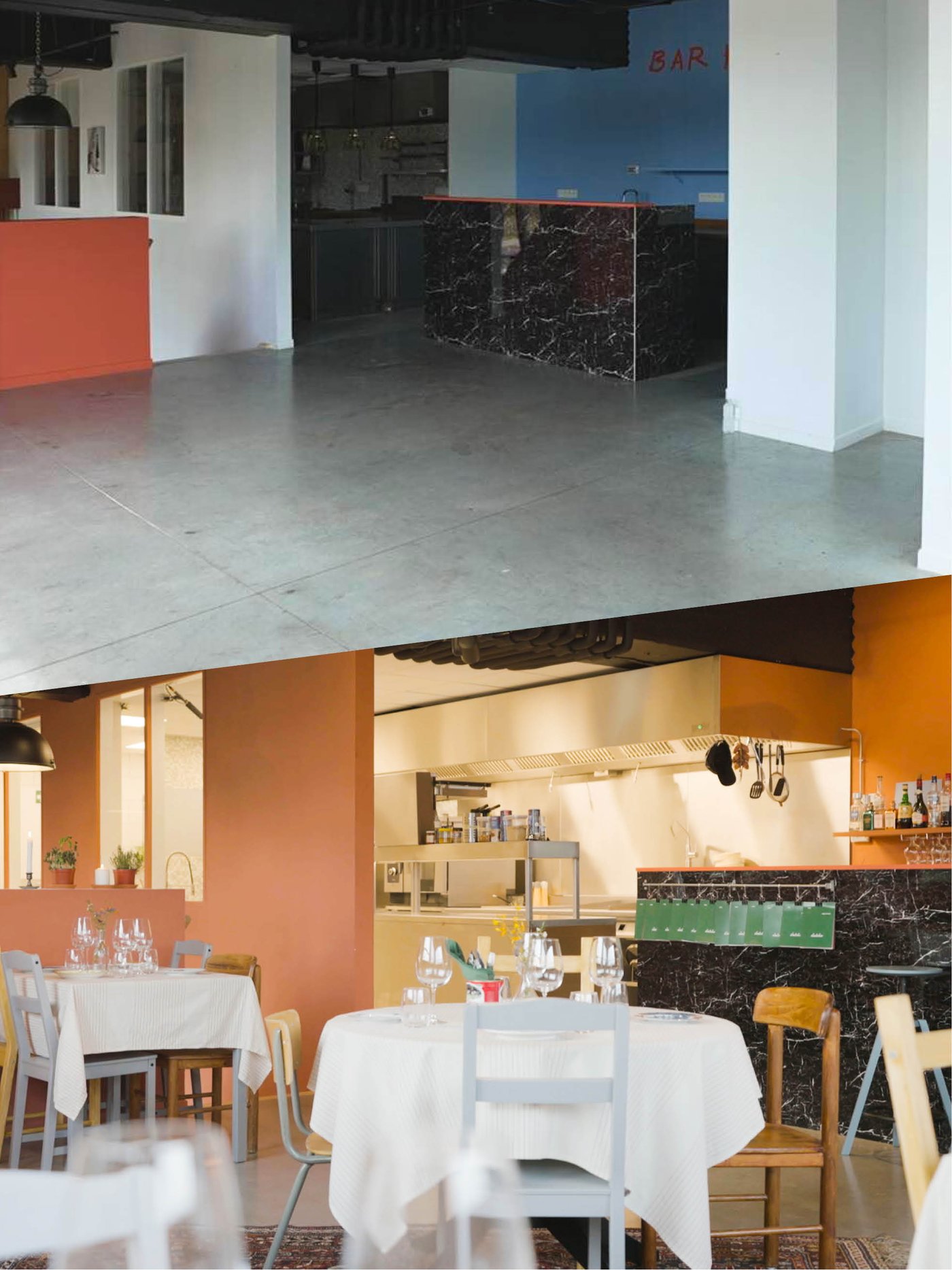 Voor en na: lege ruimte wordt een warme eetzaal met gedekte tafels, oranje accenten en zicht op open keuken.