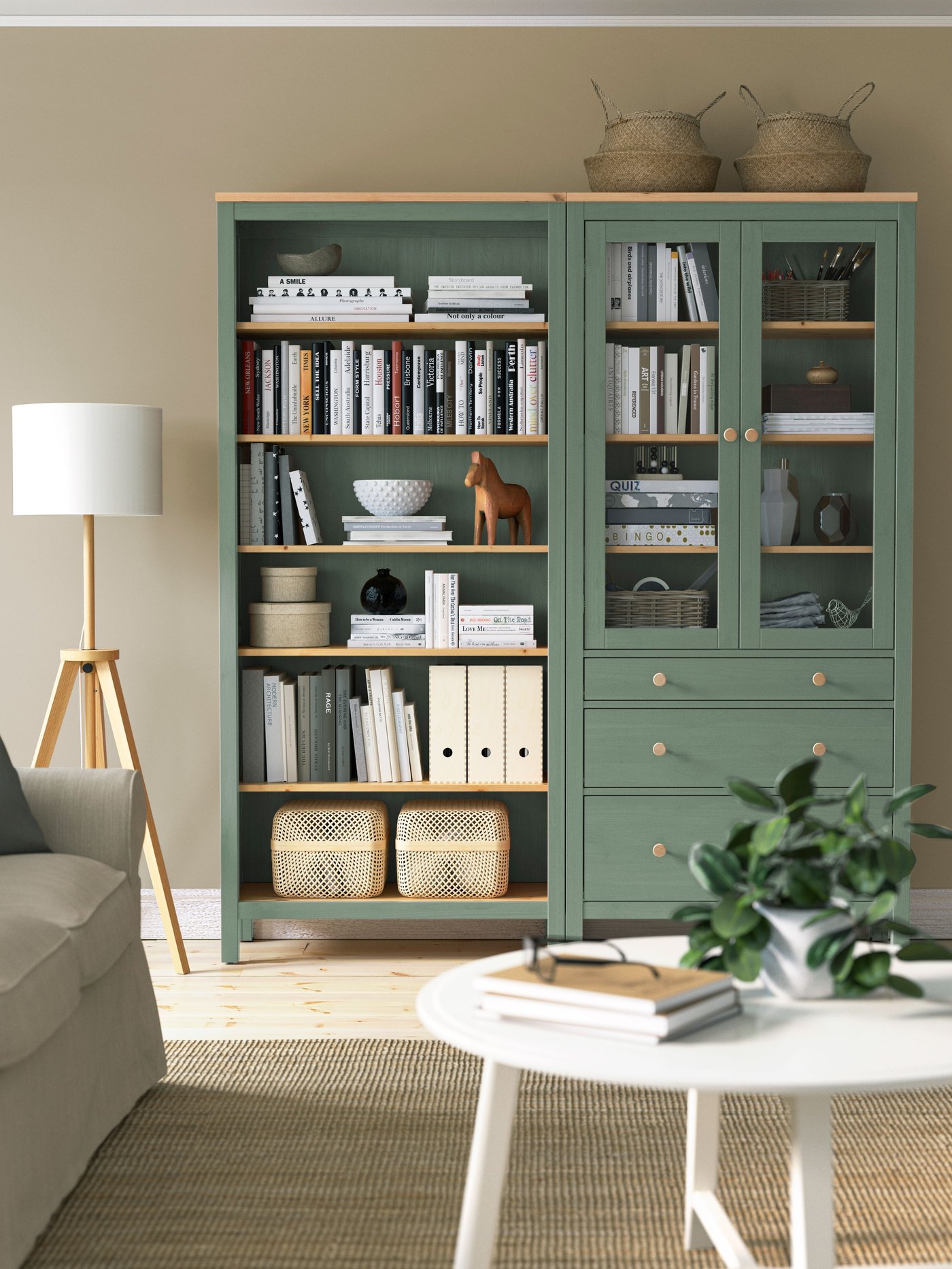 HEMNES storage combination in grey-green with light brown stain, featuring doors and drawers.
