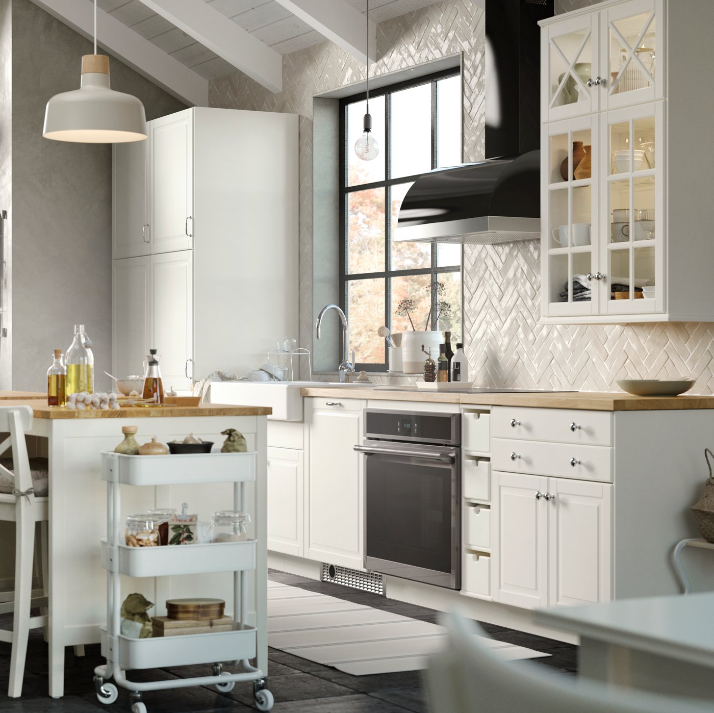 An off-white BODBYN glass door