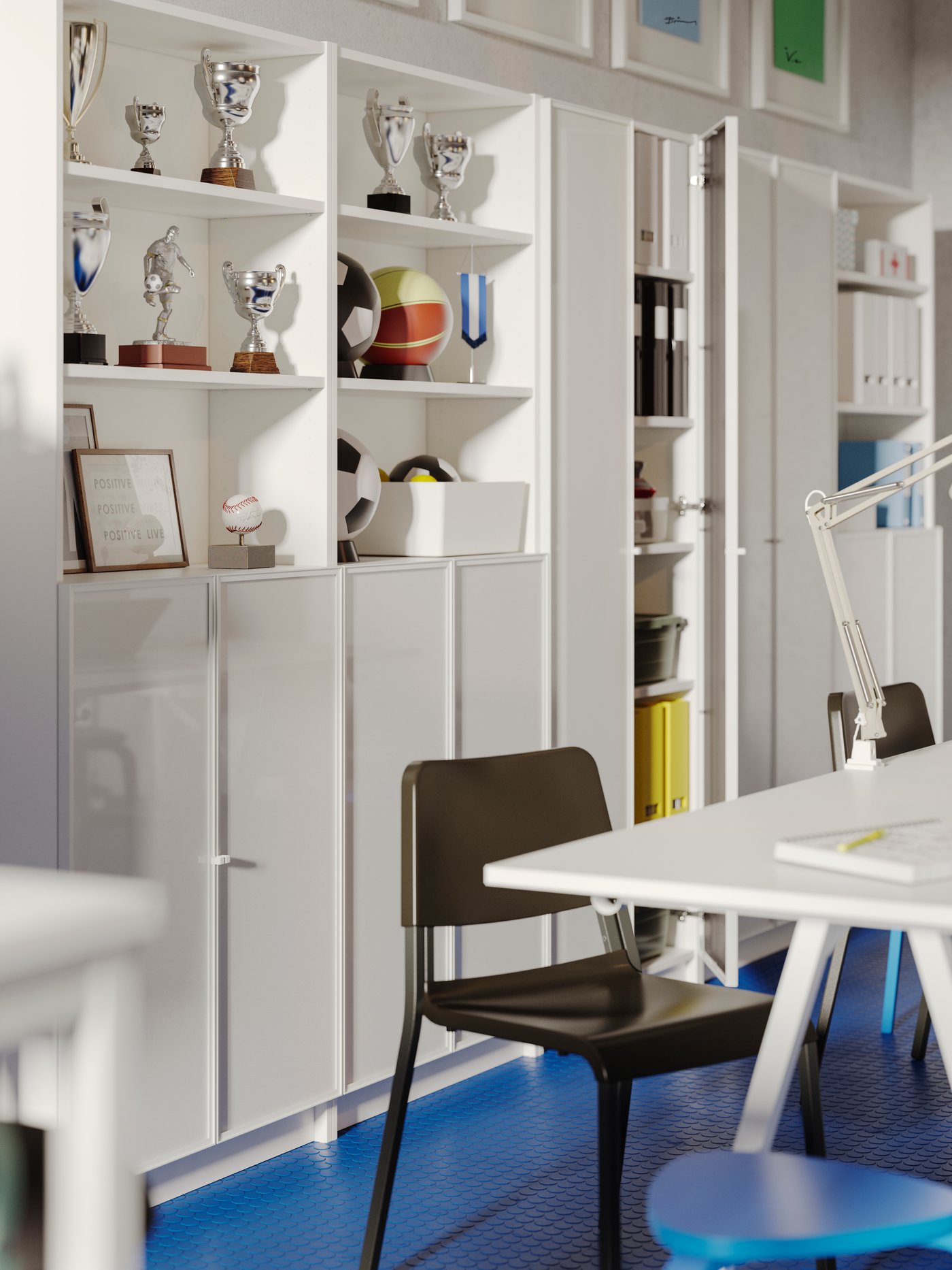 A white BILLY bookcase combination in a mix of closed doors and open shelves filled with sports trophies. Bright blue floor.