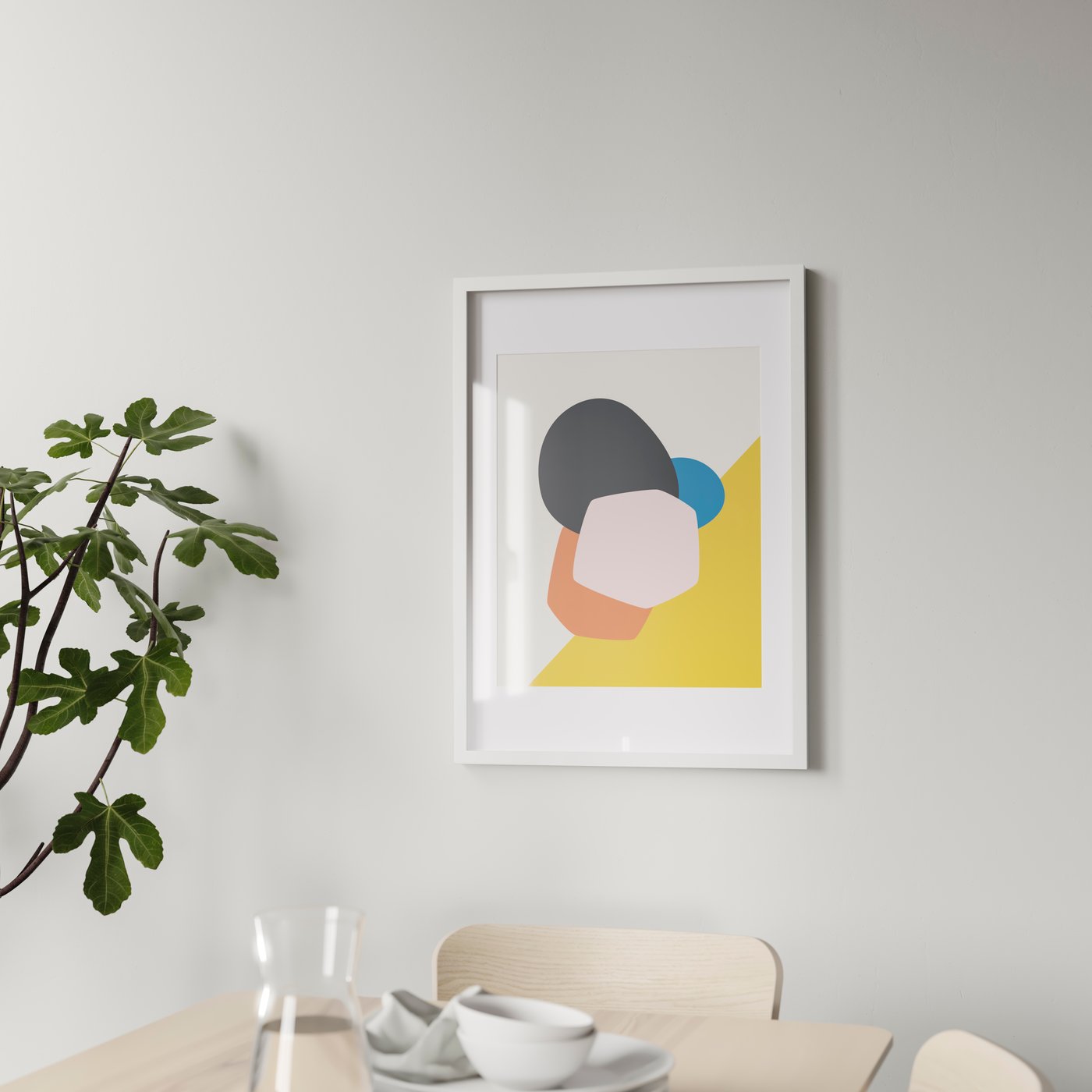 An IKEA RÖDALM white picture frame mounted on the wall on top of a sideboard in the living room. 
