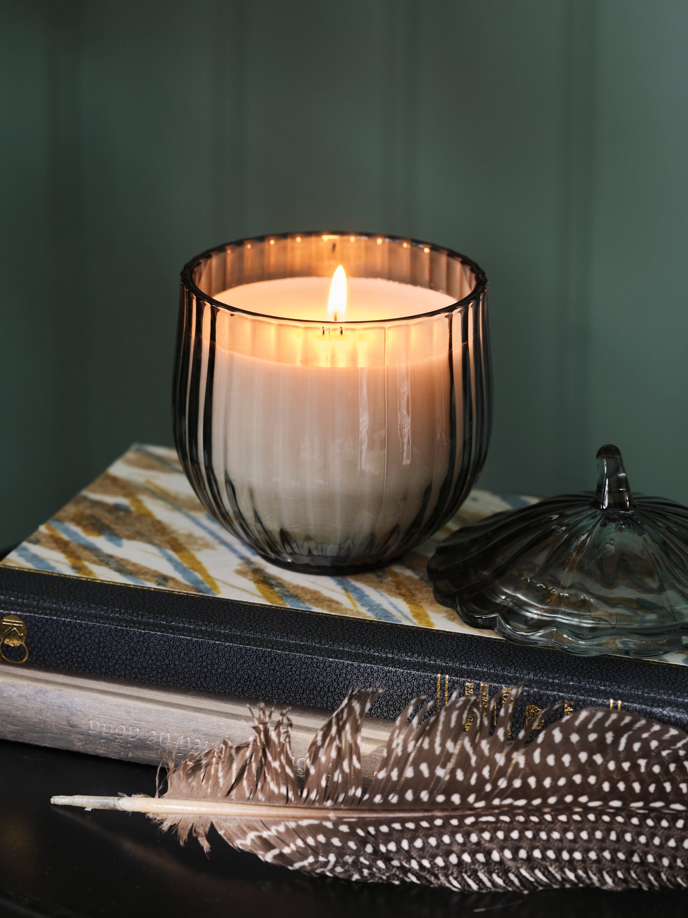 A SNÖSISKA scented candle with a glass lid stands on a stack of books. In front of the books lies a feather.