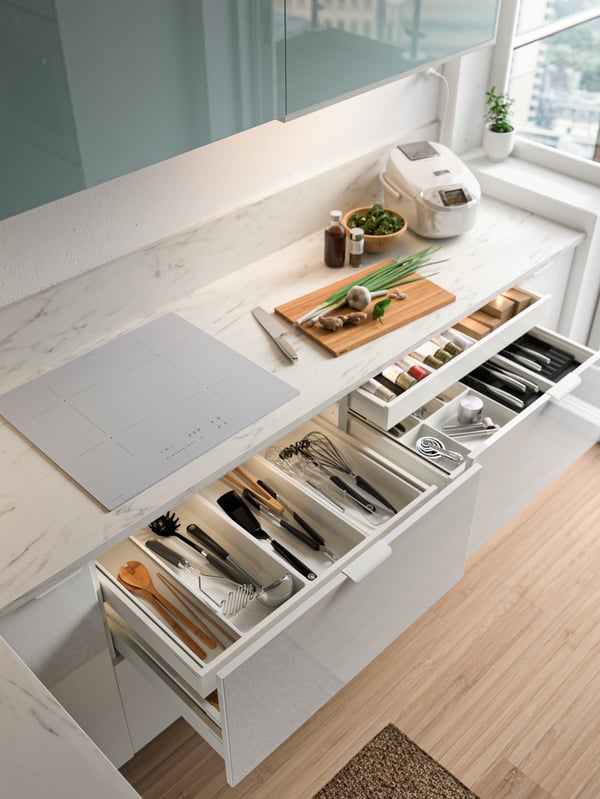 A cutting board with vegetables, a rice cooker, kitchen drawers pulled open with white cutlery trays in them.