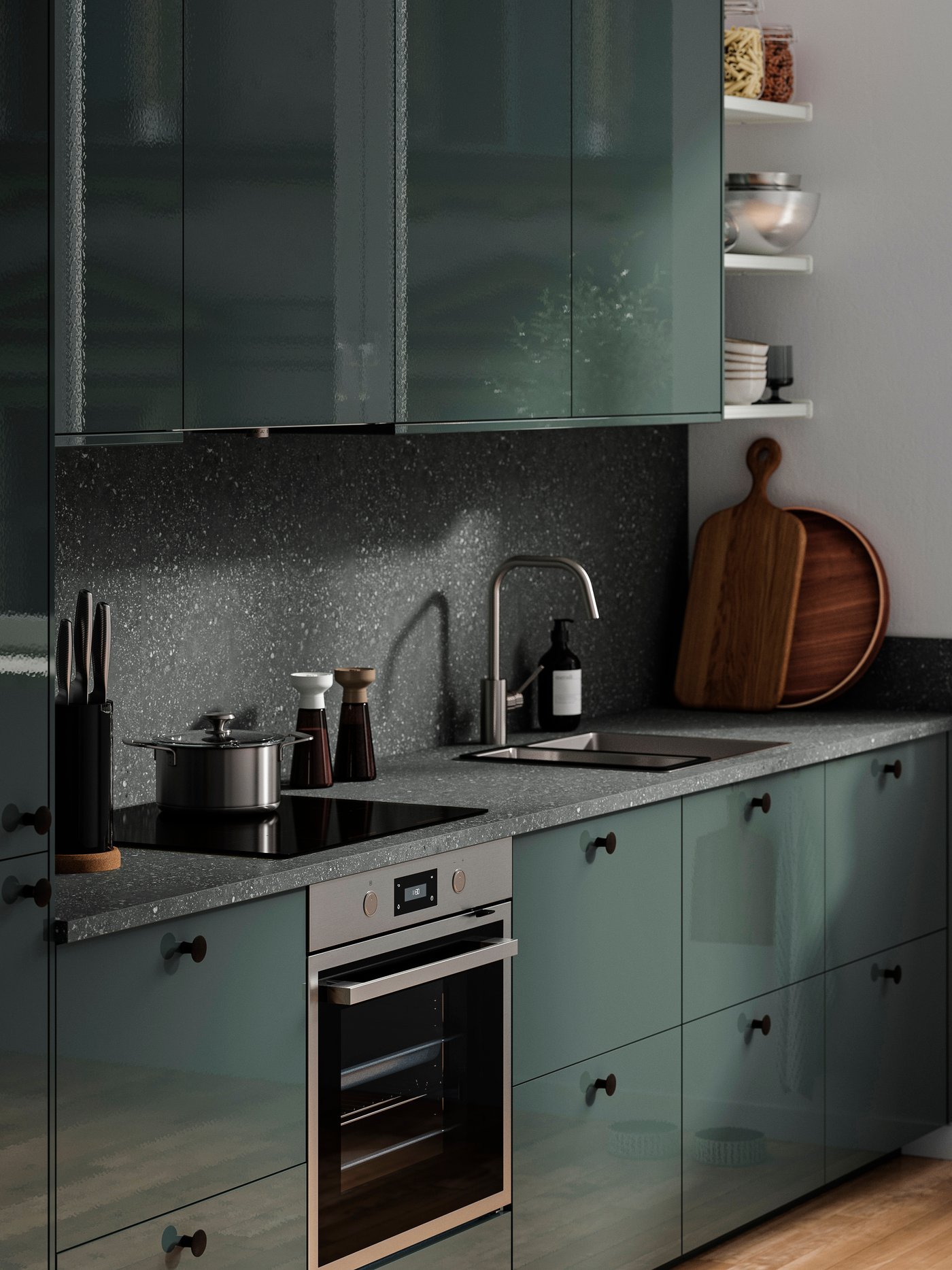 A grey terrazzo effect/laminate SIBBARP custom made wall panel