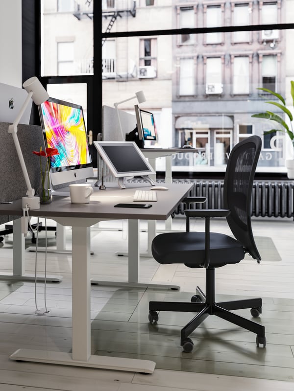 A black office chair, sit/stand desks, computers with colourful desktop wallpaper, a coffee cup, a smartphone.