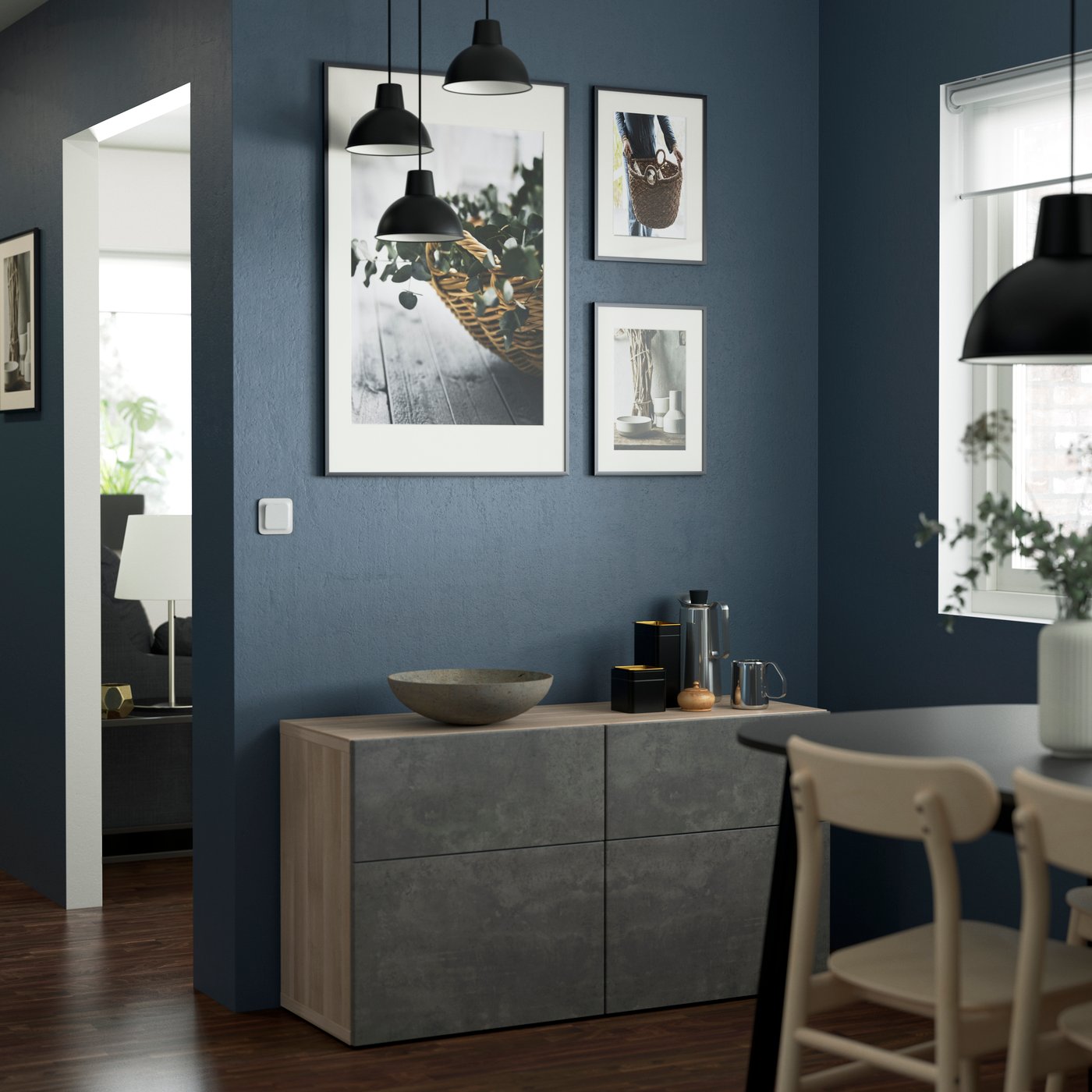 A grey stained walnut effect Kallviken/dark grey concrete effect BESTÅ storage combination w doors/drawers