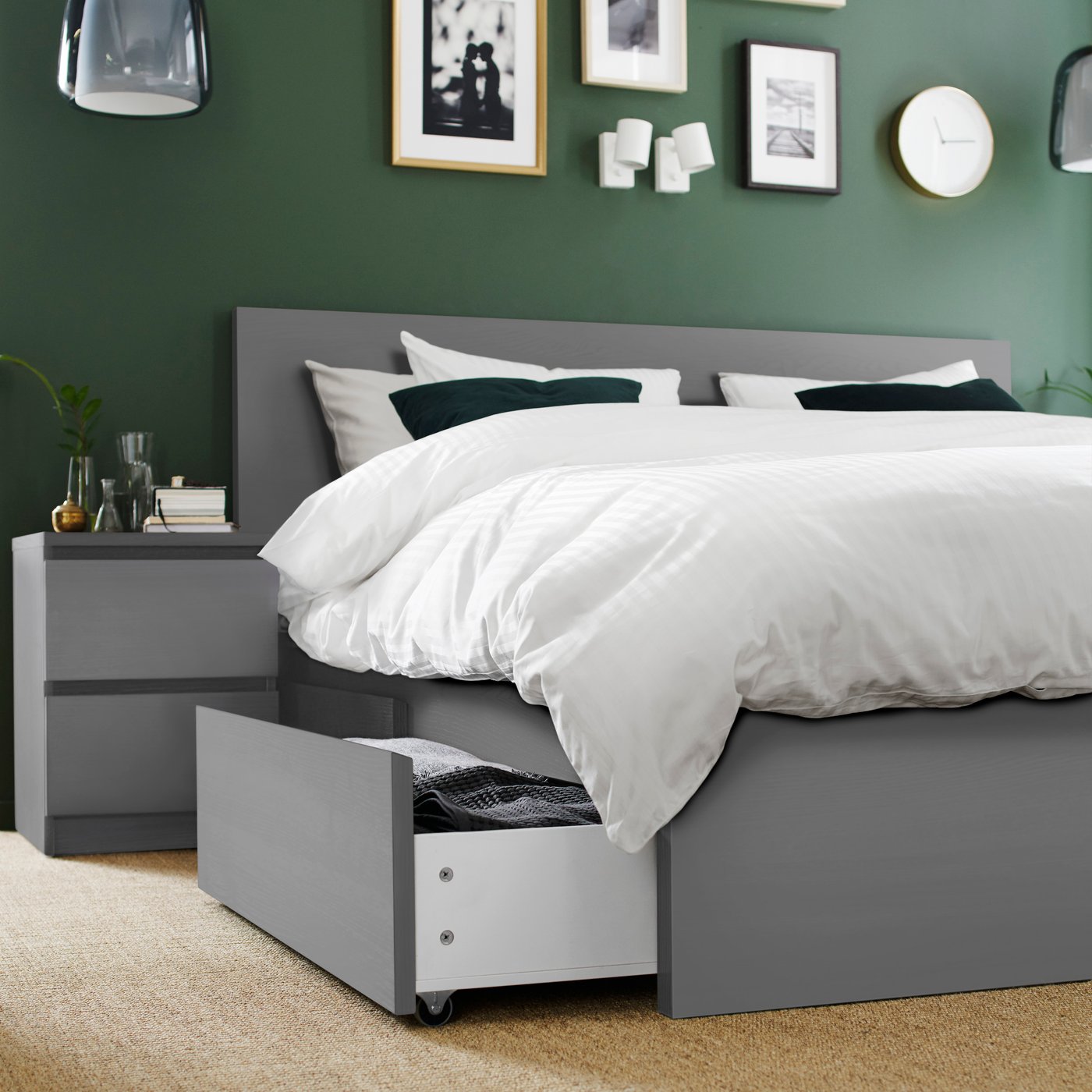 A grey stained MALM bed frame, high
