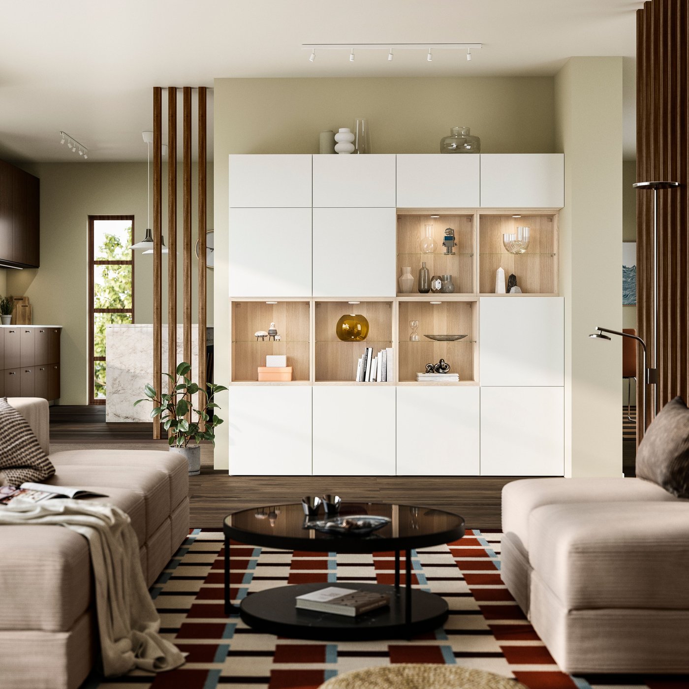 A white stained oak/Lappviken white BESTÅ storage combination with doors in the living room