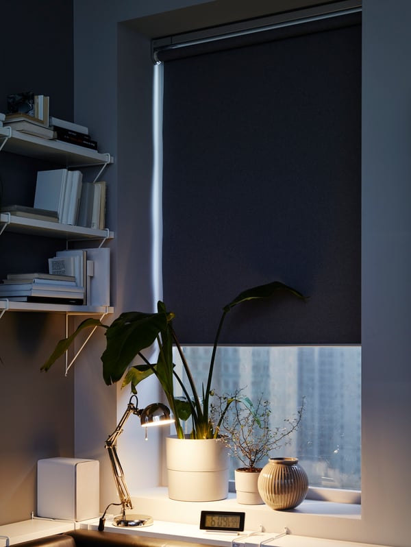 A grey roller blind covering most of a window, plants and a vase on the window sill and white shelves on the wall.
