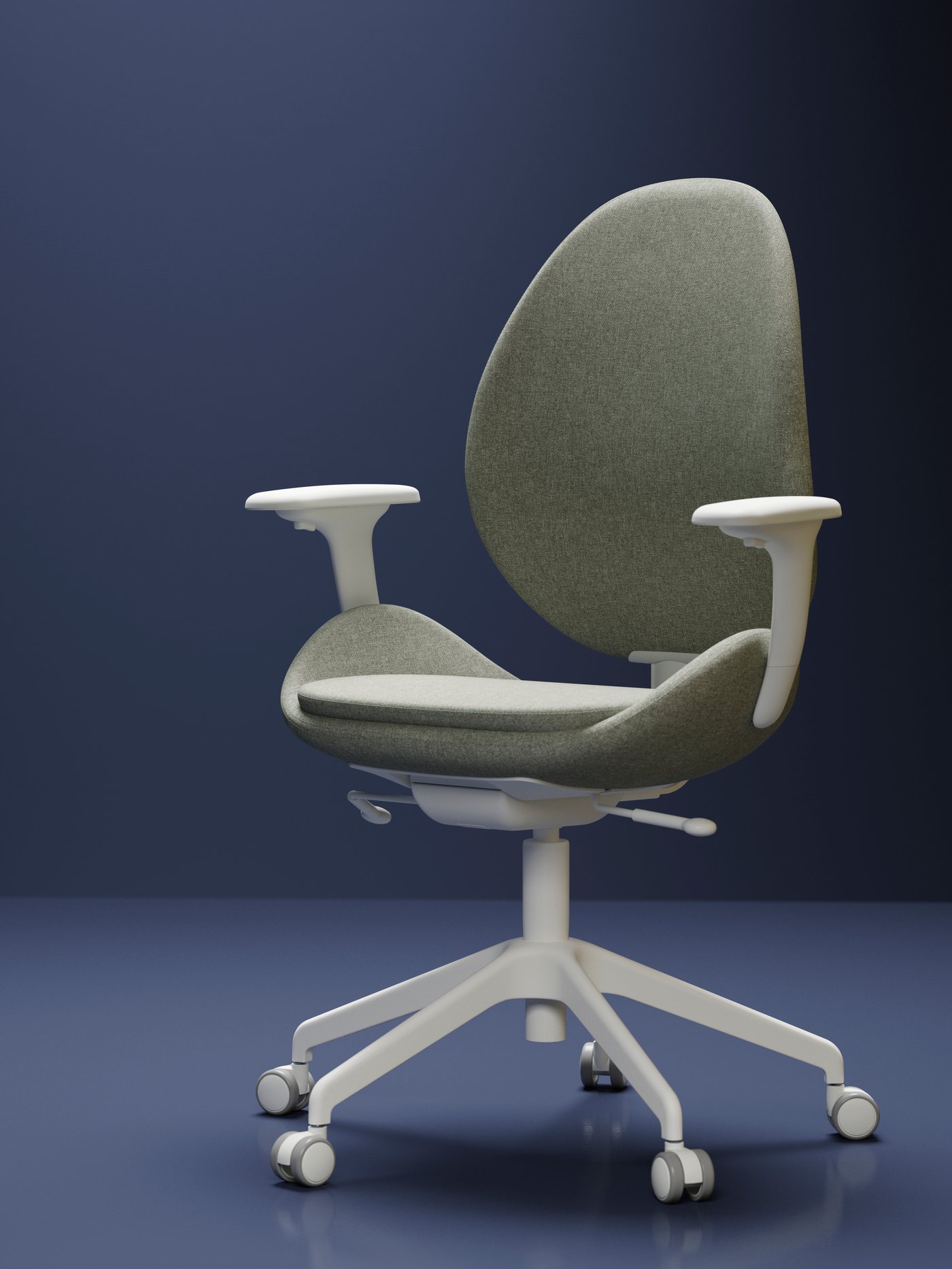 An unfurnished space where a HATTEFJÄLL office chair with a white frame is placed on a square podium with rounded corners.