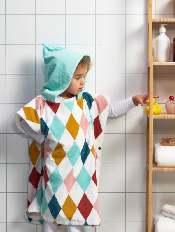 A harlequin pattern/multicolour BUSENKEL bath poncho with hood