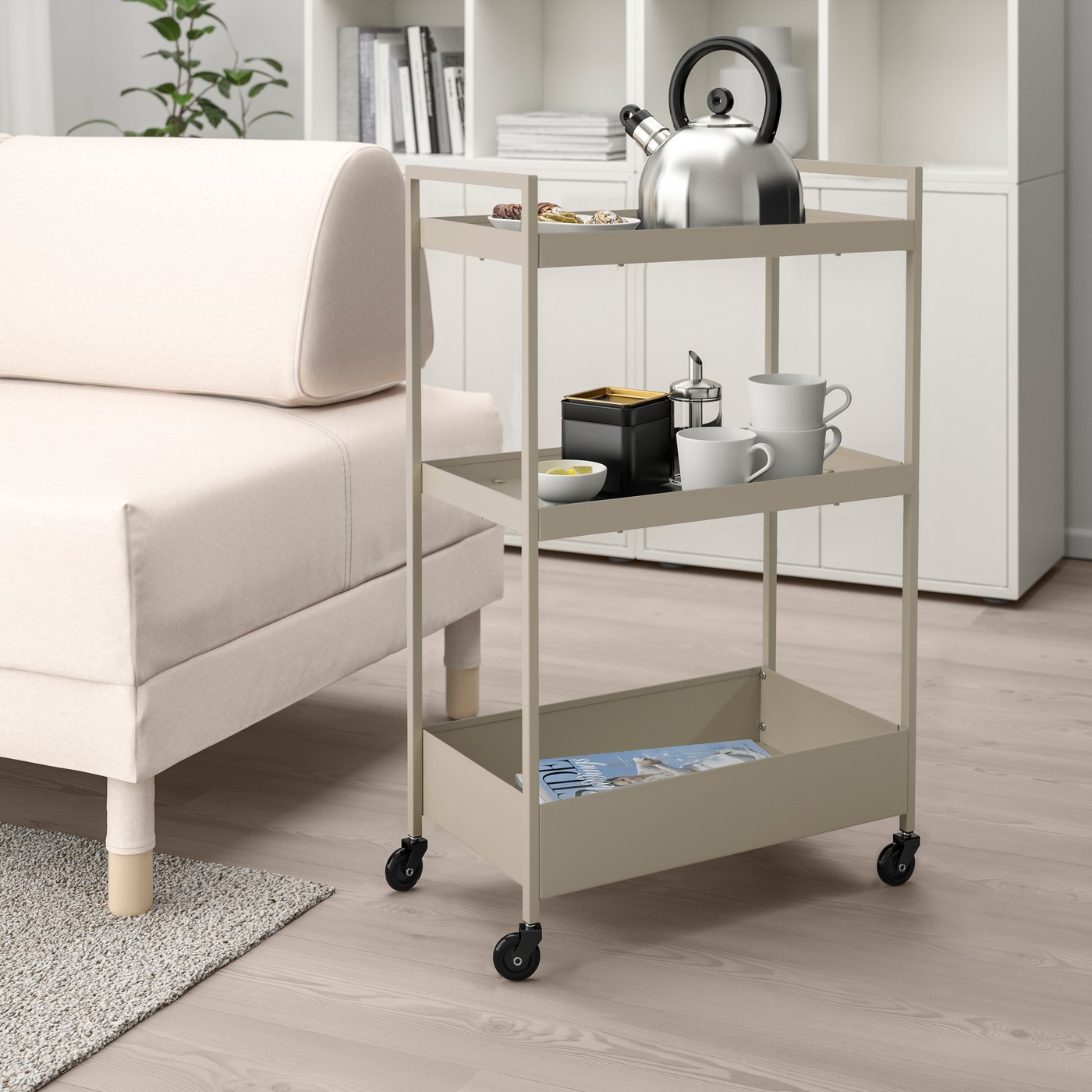 A beige NISSAFORS trolley in the living room