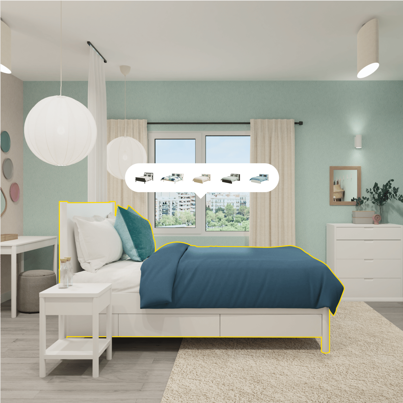A bedroom in IKEA Kreativ where a bed has been selected and outlined with a yellow border.
