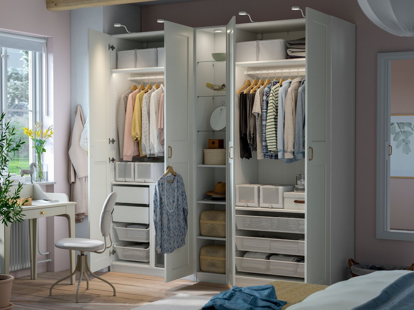 A white white/white PAX wardrobe combination in the bedroom