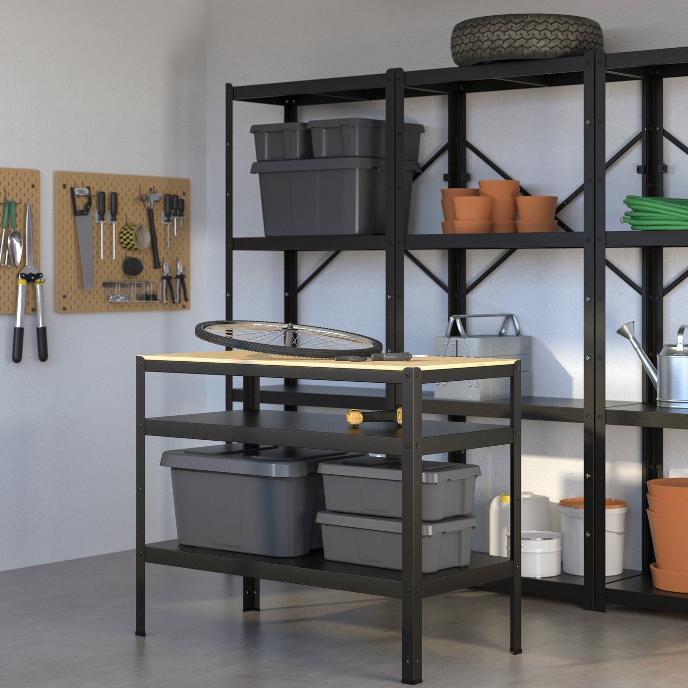 A black BROR shelving unit with plastic boxes and other stuff in the storage room.