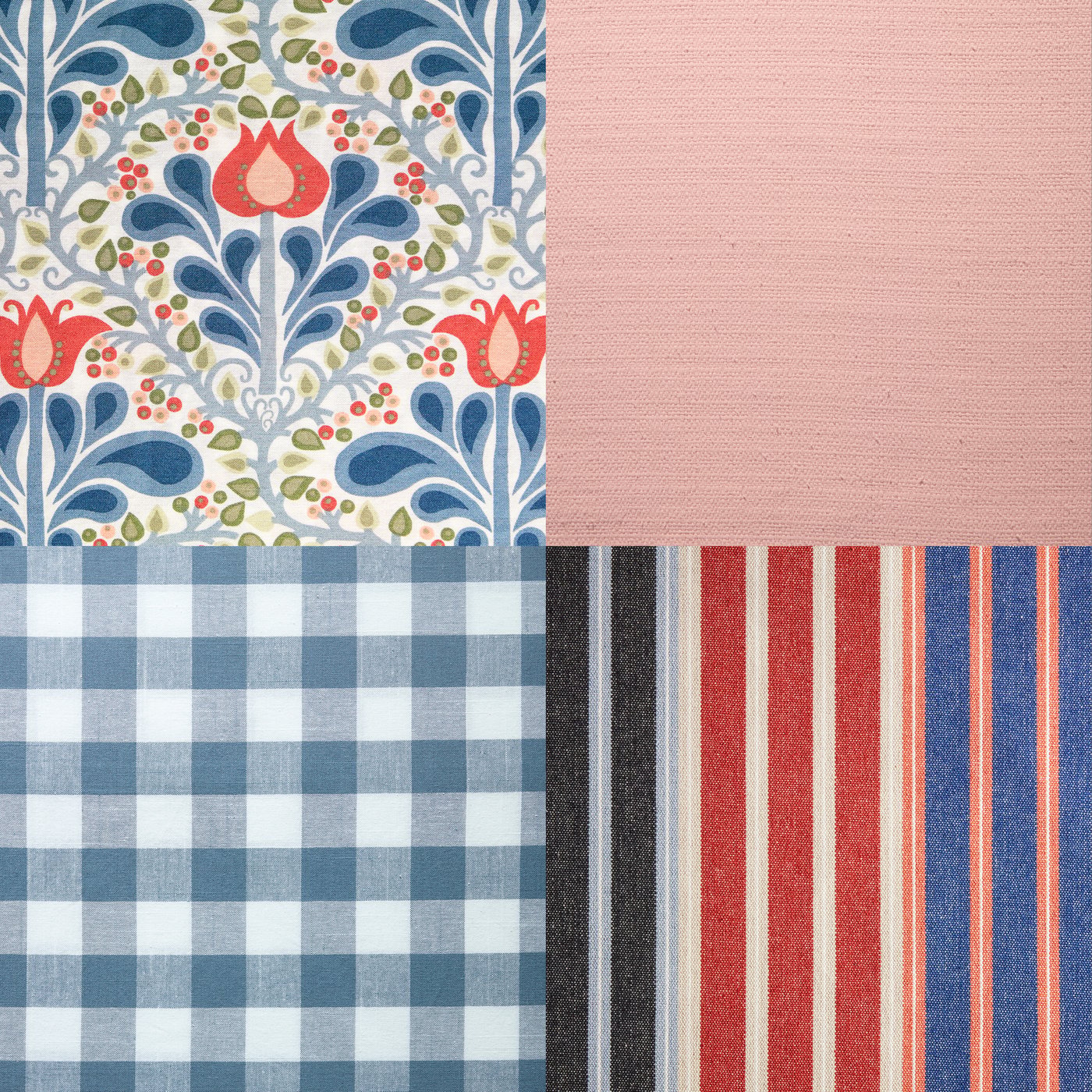 Four pieces of floral, checked and striped fabrics in soft pink, fresh blue and red.