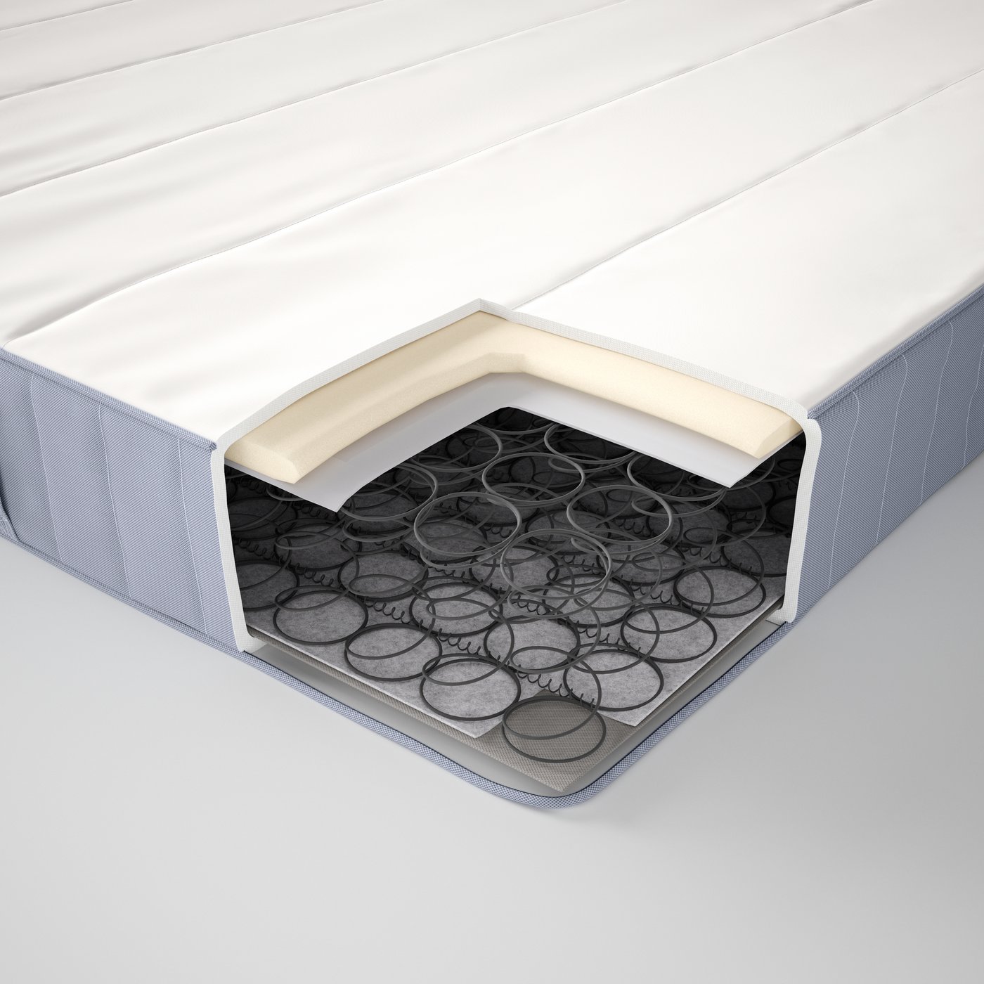 A firm/light blue VESTMARKA sprung mattress