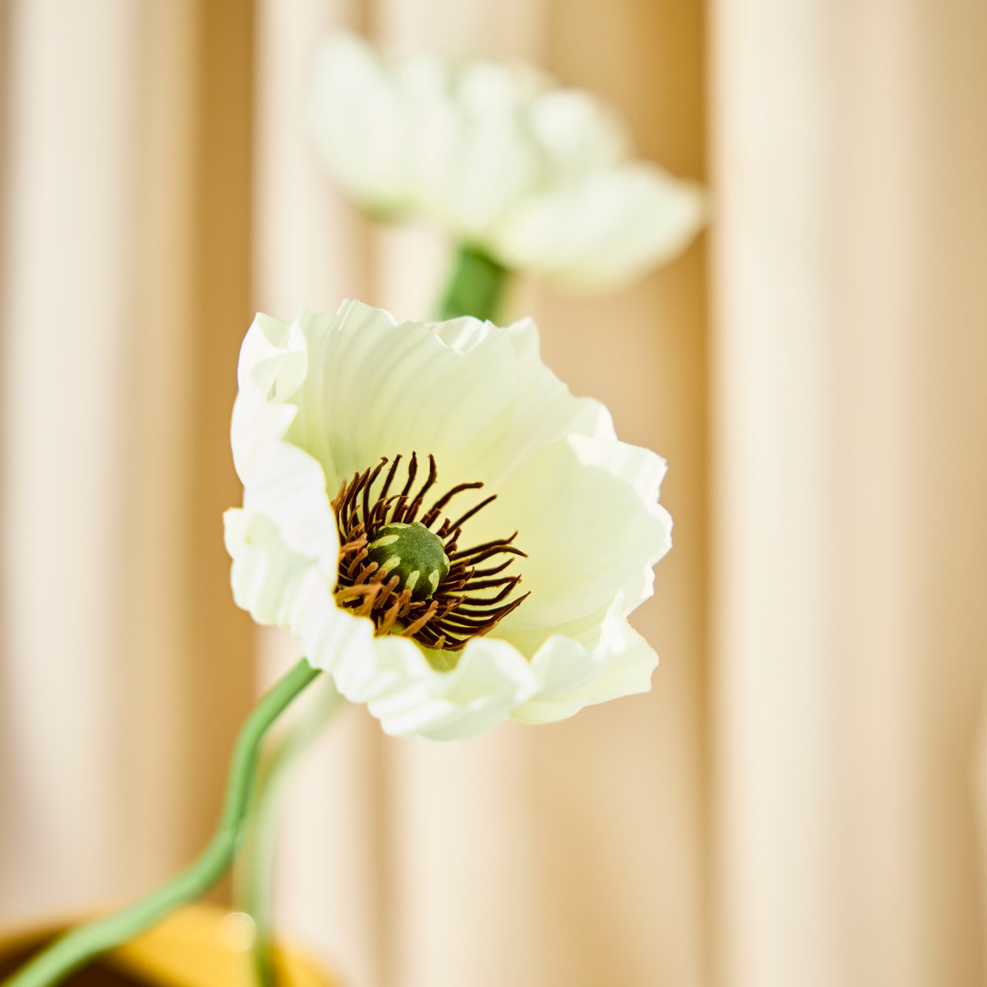SMYCKA art flowers in Poppy white with delicate petals and green stem, displayed indoors against soft beige curtains.