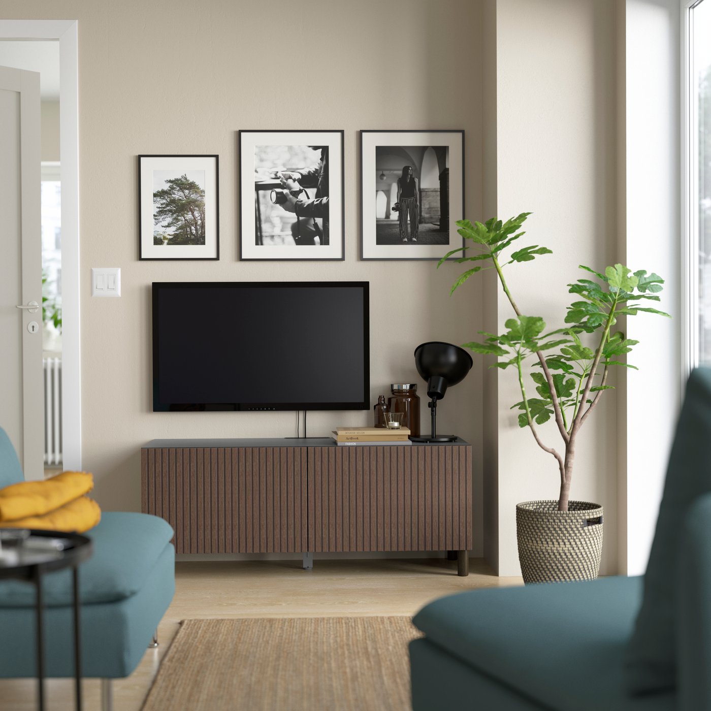 A black-brown Björköviken/Mejarp/brown stained oak veneer BESTÅ TV bench with doors