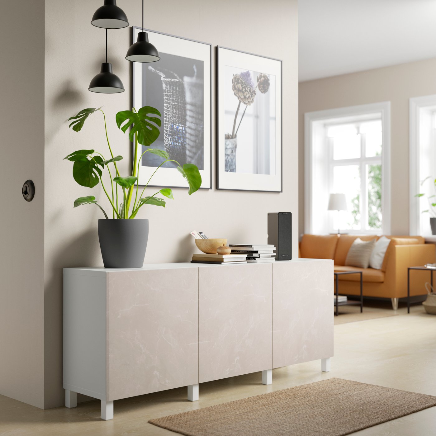A white Bergsviken/Stubbarp/beige marble effect BESTÅ storage combination with doors