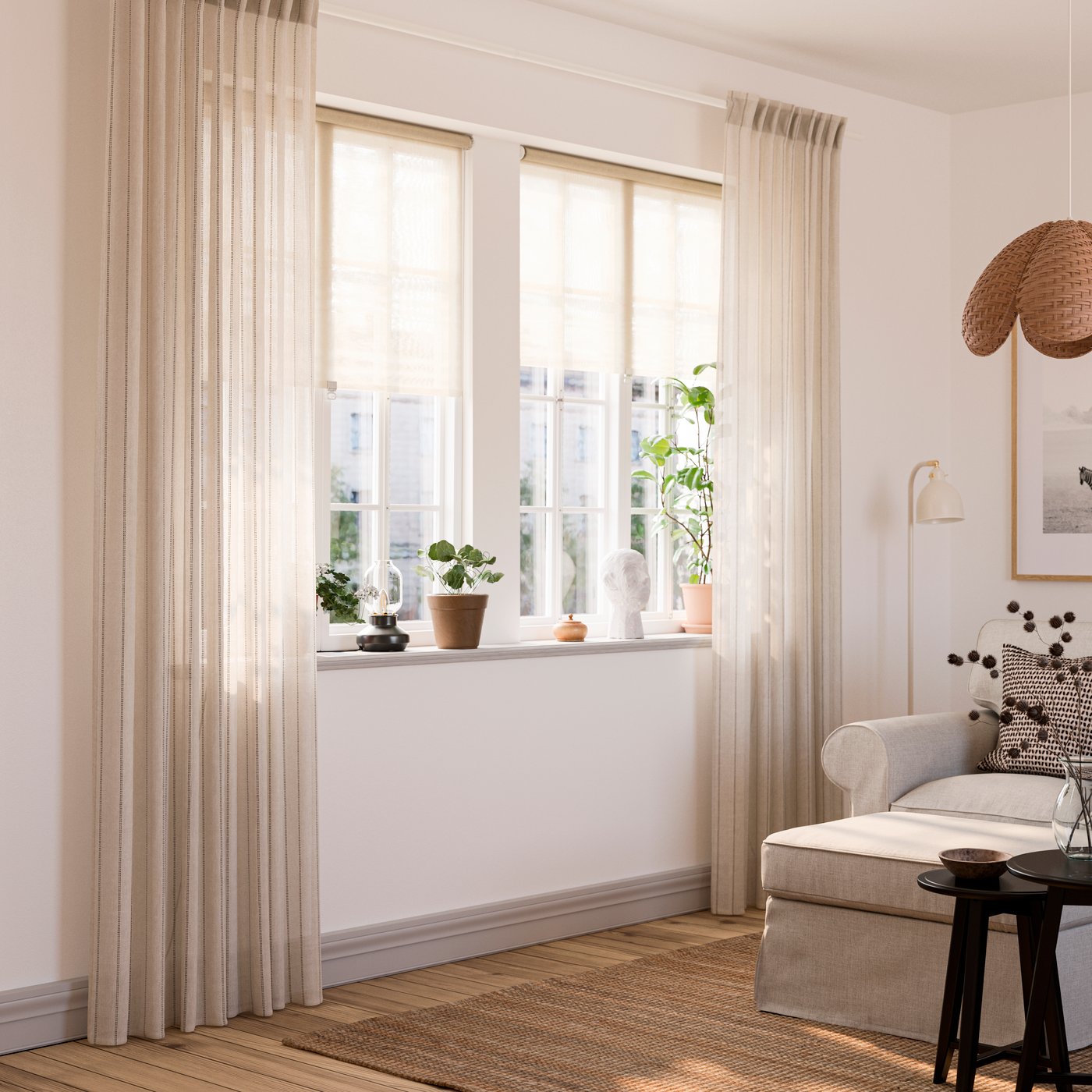 curtains, 1 pair 250 cm off-white dark grey/striped with heading tape