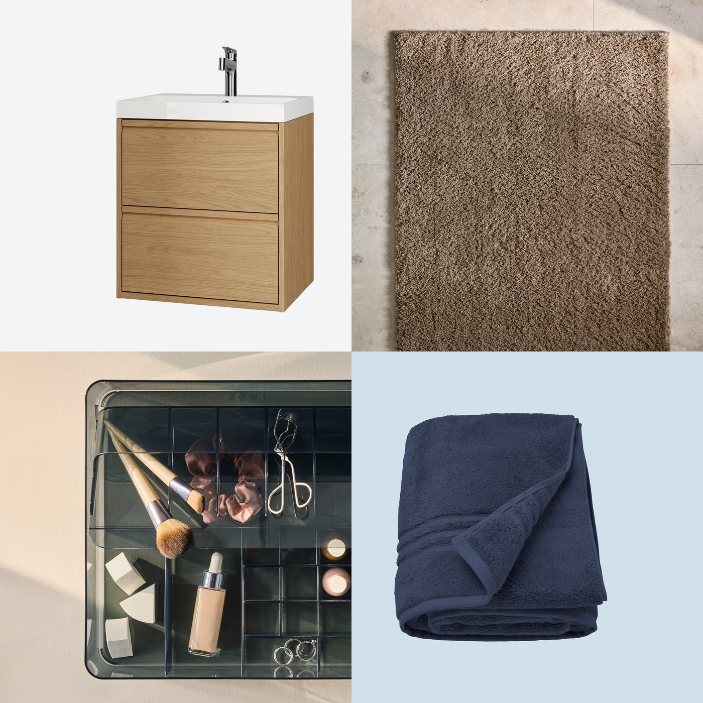 A neat still life with a brown BACKMÅRA bath rug, a folded blue bath sheet, a bathroom vanity unit, and a makeup organiser.
