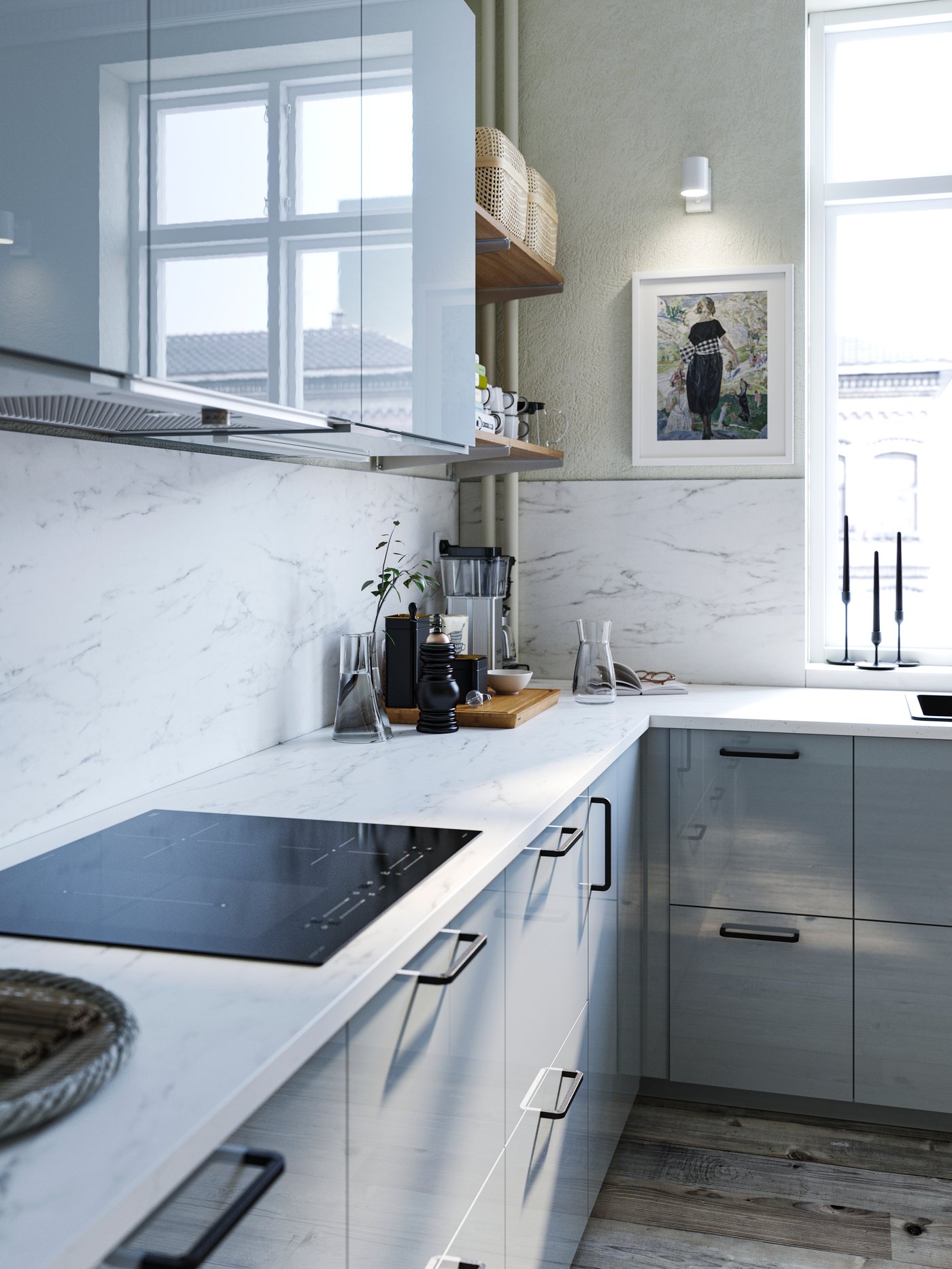Double sided white marble effect/black/white mosaic patterned LYSEKIL wall panels in a kitchen with light grey-blue fronts.