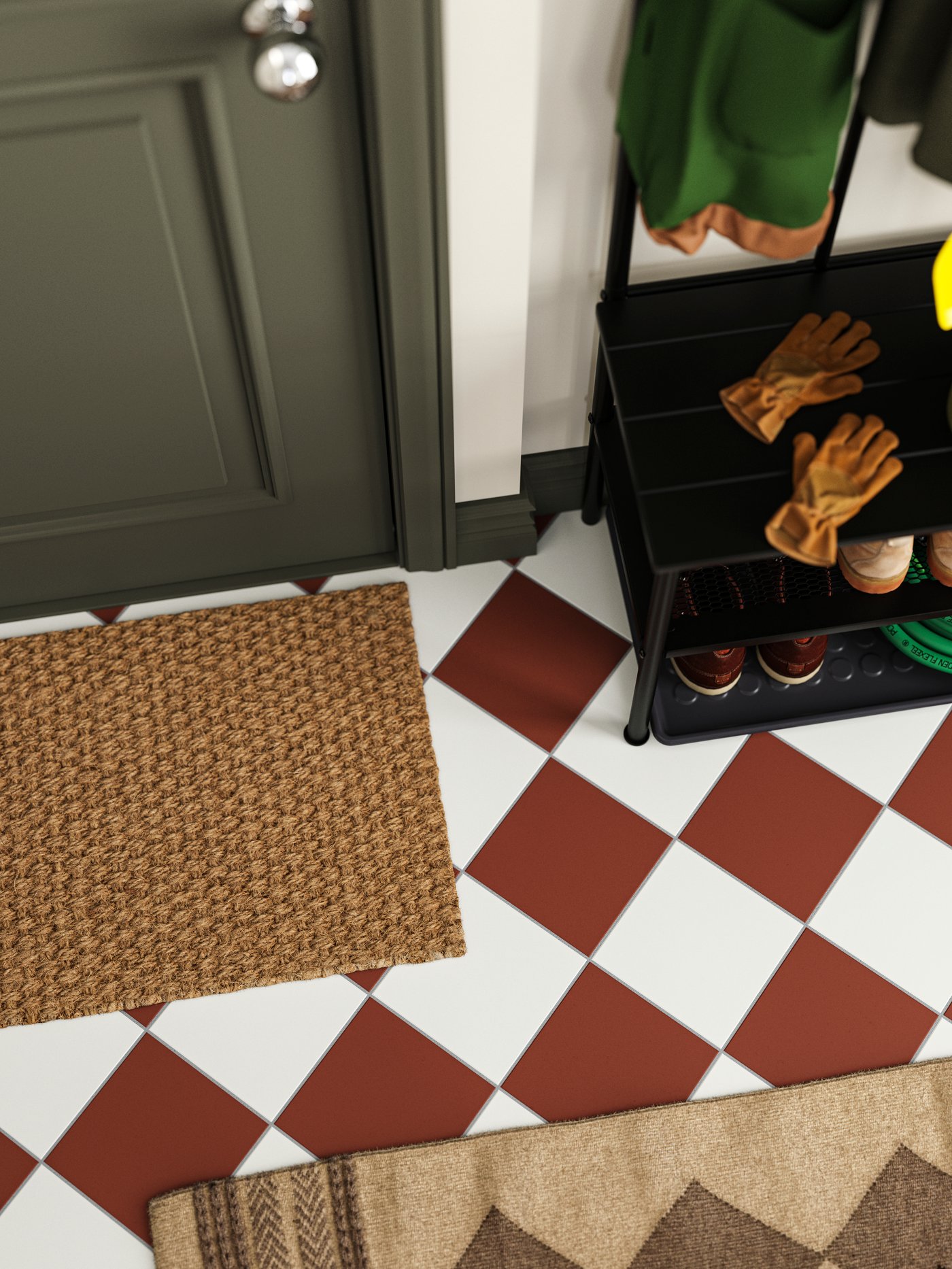 Picture taken from above, showing a SINDAL door mat and the corner of NIPÅSEN bench, on a red/white tile floor.