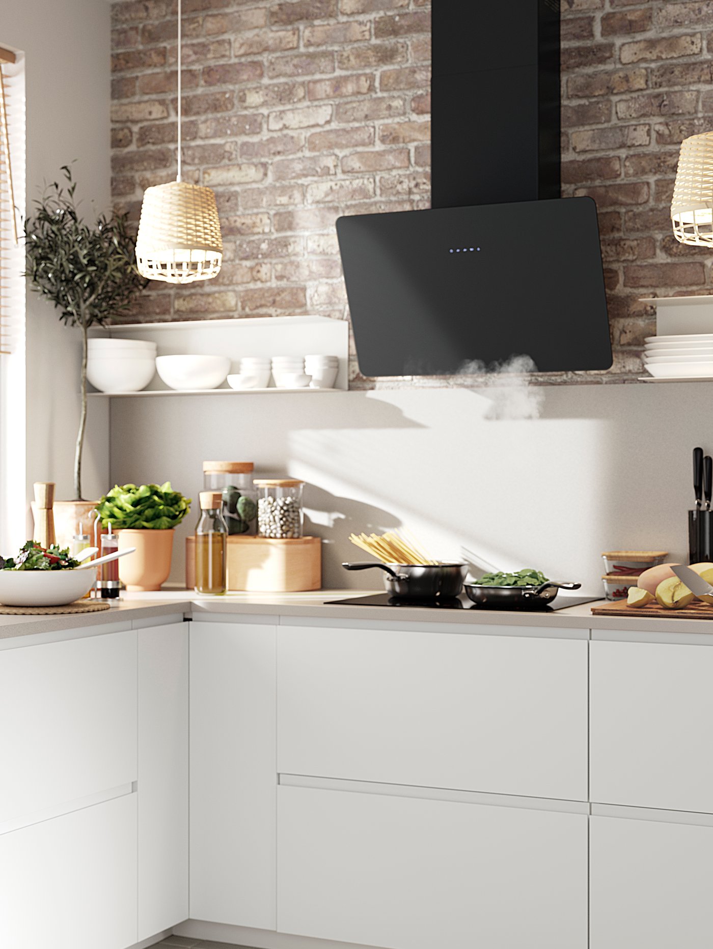 A modern kitchen with matt white VOXTORP drawer fronts.