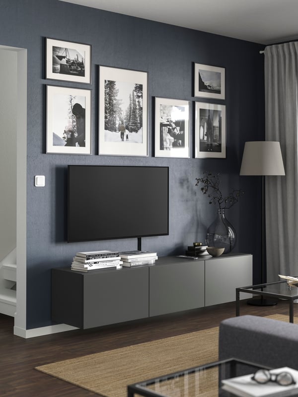 A dark grey/Lappviken dark grey BESTÅ TV bench with doors in the living room