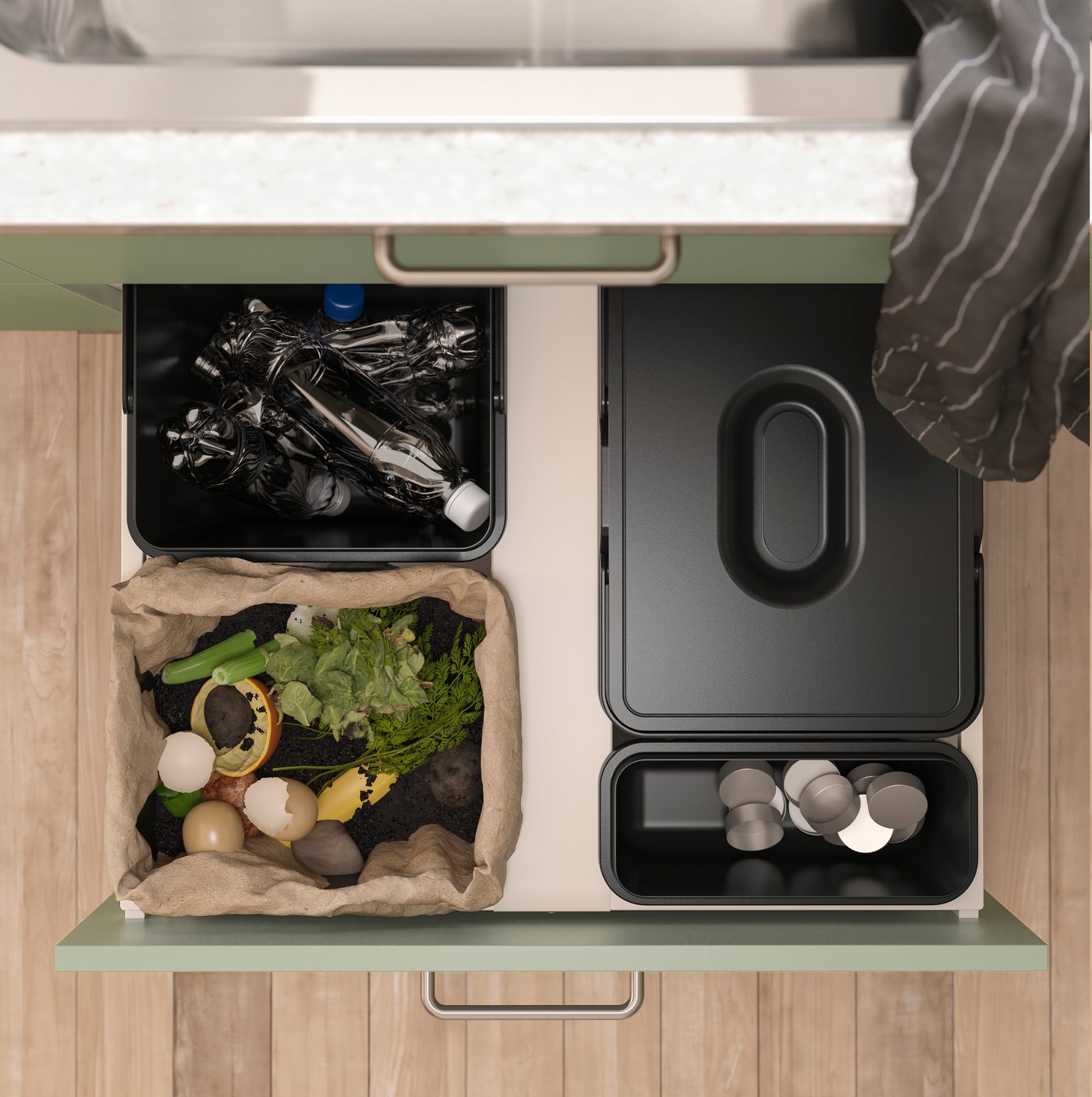 A black IKEA 365+ tea towel in the kitchen