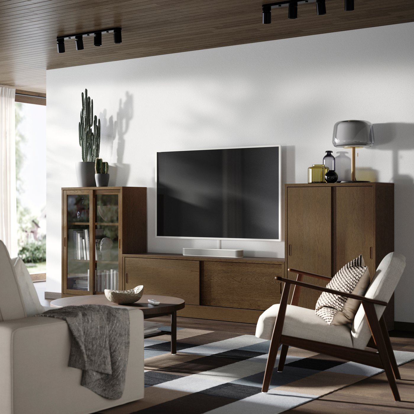 A brown stained oak veneer/clear glass TONSTAD TV/storage comb with sliding doors