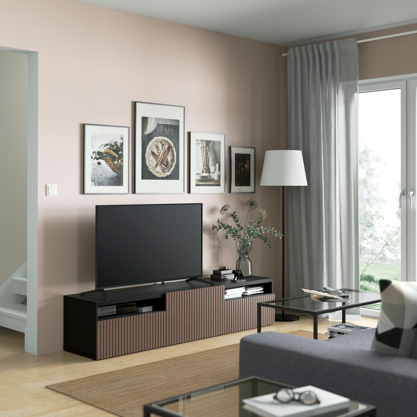 A black-brown Björköviken/brown stained oak veneer BESTÅ TV bench with drawers and door