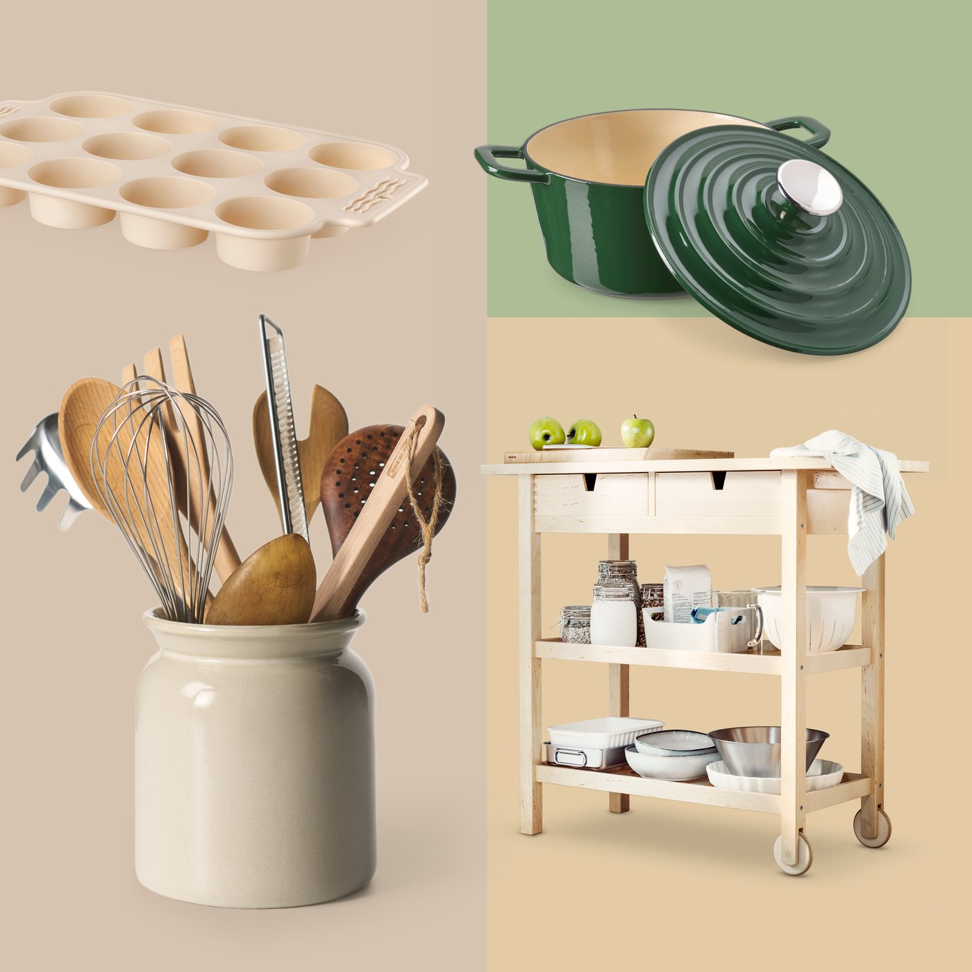 Products in beige and green: VARDAGEN cast iron pot, BRUGDHAJ utensil holder, FÖRHÖJA trolley and BAKTIDER muffin mould.
