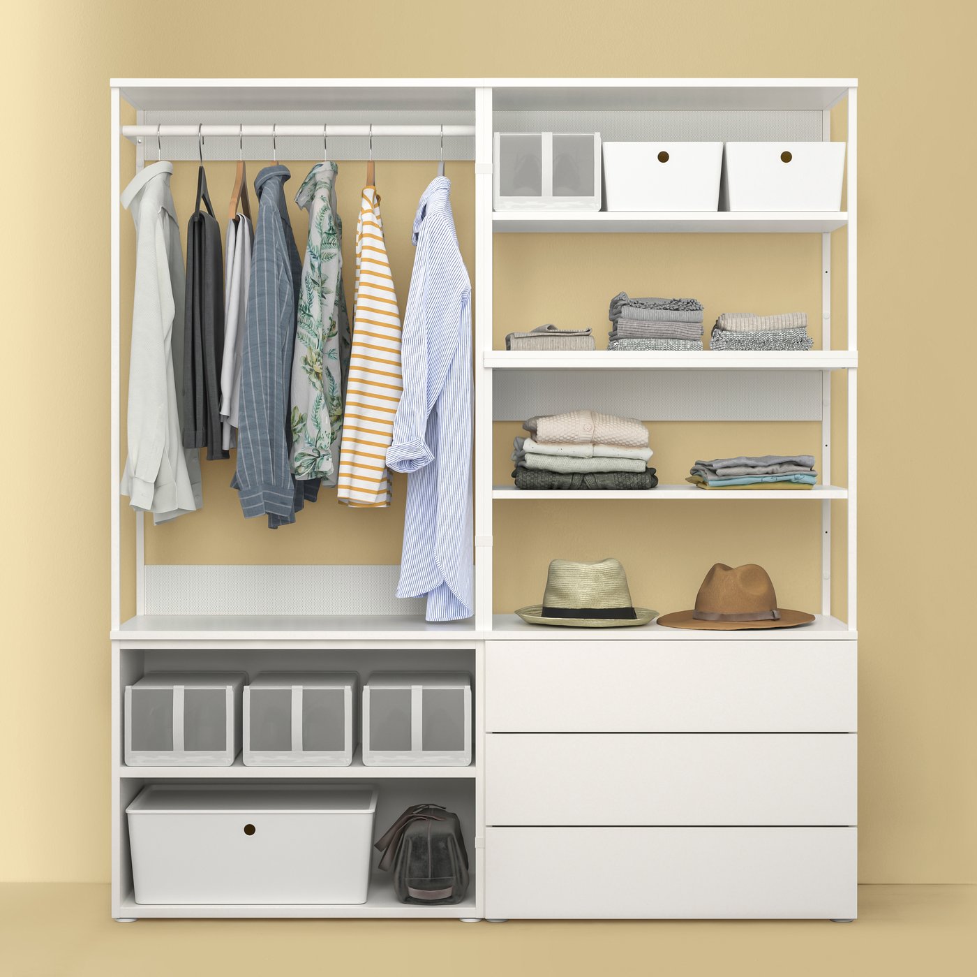 white closet with shelves and drawers
