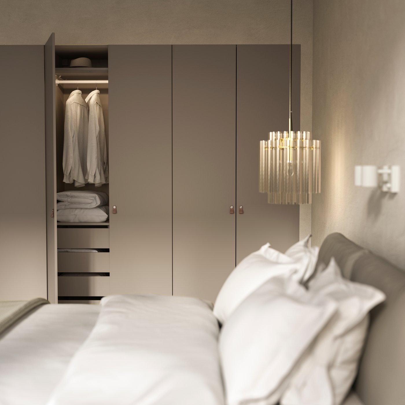 PAX wardrobes with FORSAND grey-beige doors are on a wall, with an open door showing clothes and drawers. A bed is in front.