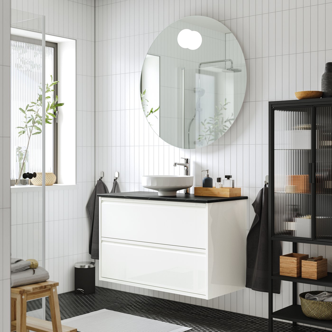 A high-gloss white/black marble effect LERSJÖN wash-stnd w drawers/wash-basin/tap