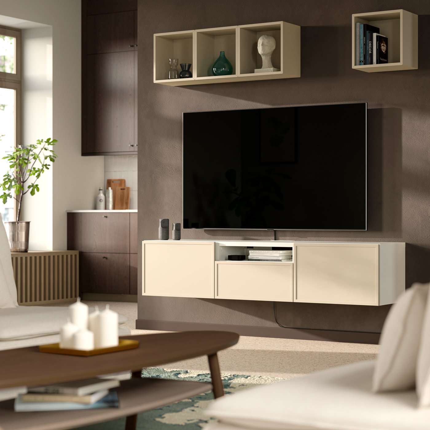 A white/Krukmakare beige BESTÅ TV bench