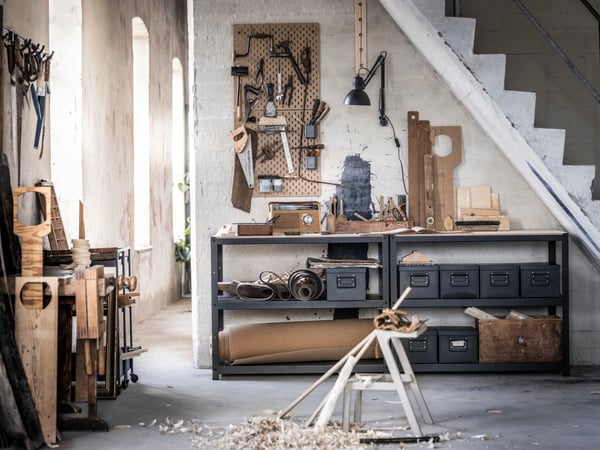 A black/pine plywood BROR work bench in the home office