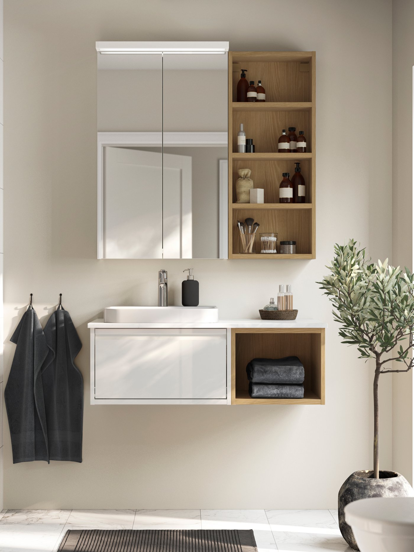 A high-gloss white/oak effect/white marble effect BACKSJÖN wash-stand/wash-basin/tap in the bathroom