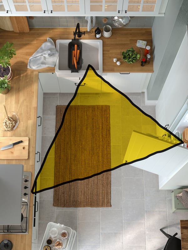 The corners of a triangle mark a white HAVSEN sink bowl with visible front, a gas hob with fish grill and a fridge/freezer.