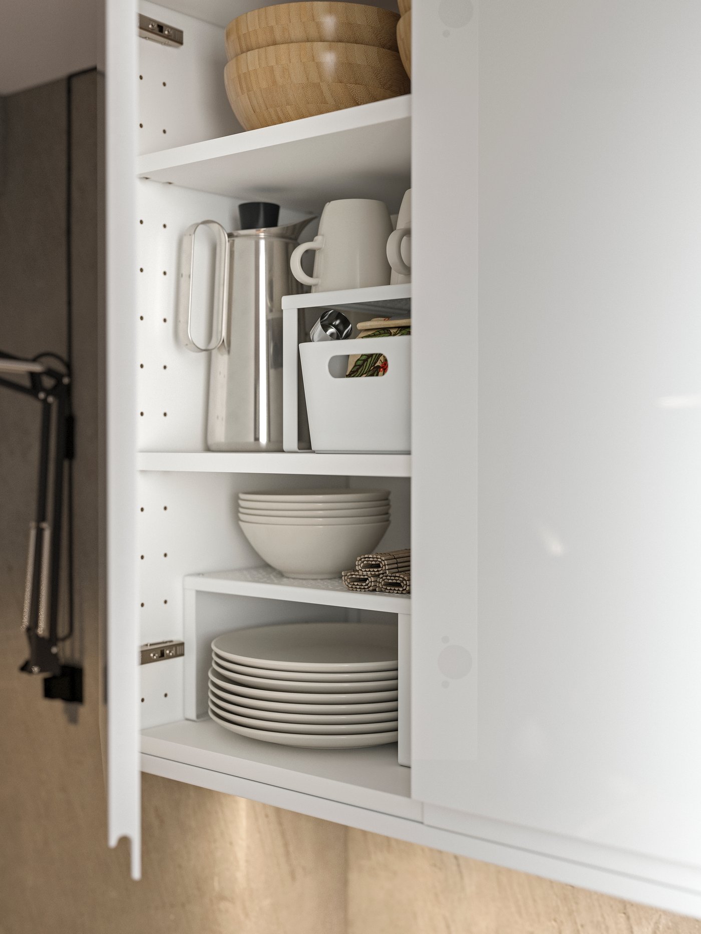 A white/Voxtorp high-gloss/white METOD wall cabinet with shelves/2 doors