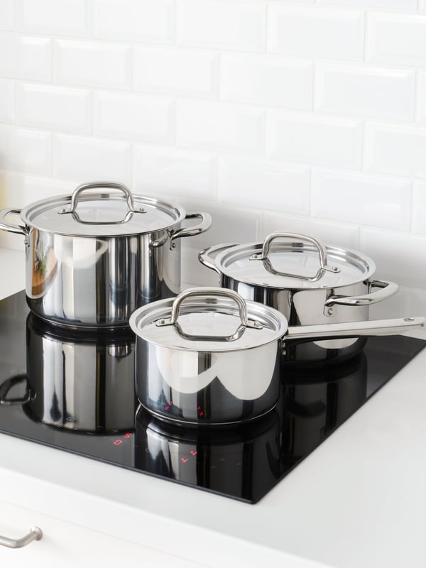 A stainless steel IKEA 365+ cookware in the kitchen