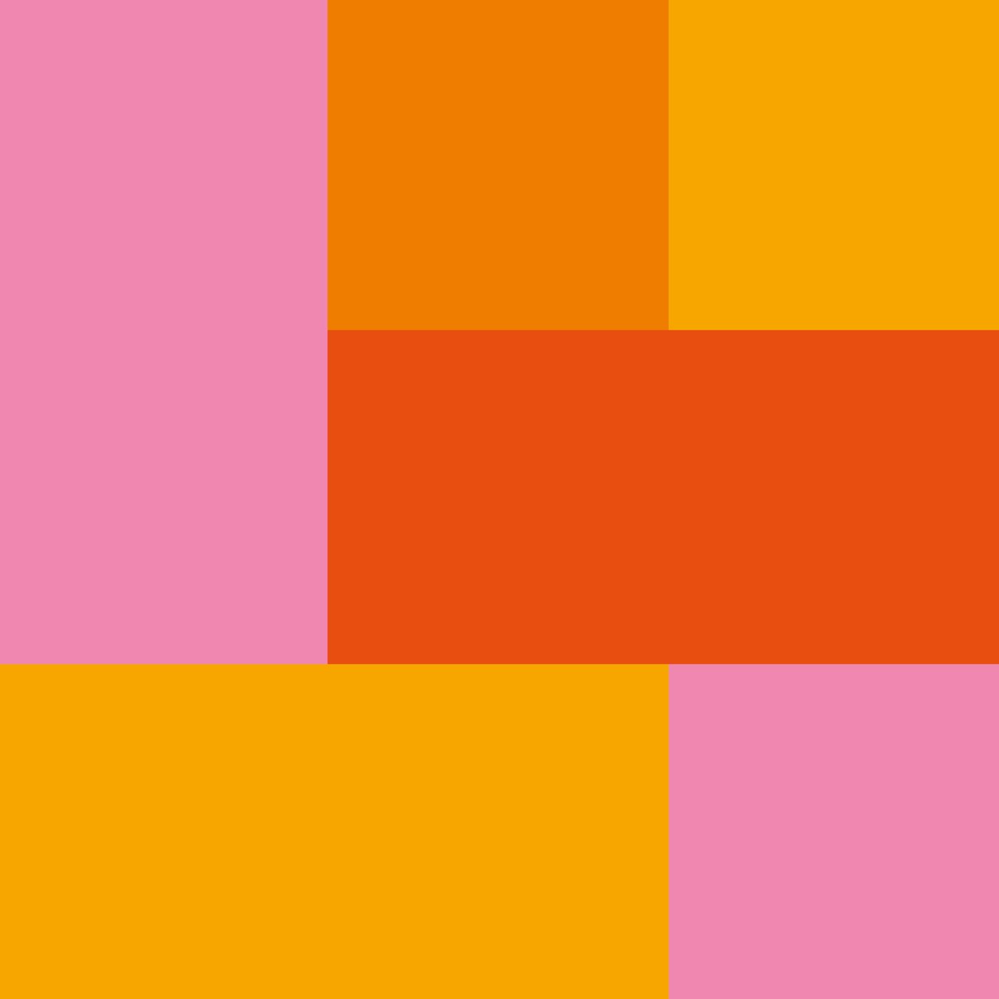 A colourful square made of smaller pink, orange and dark orange shapes inside.