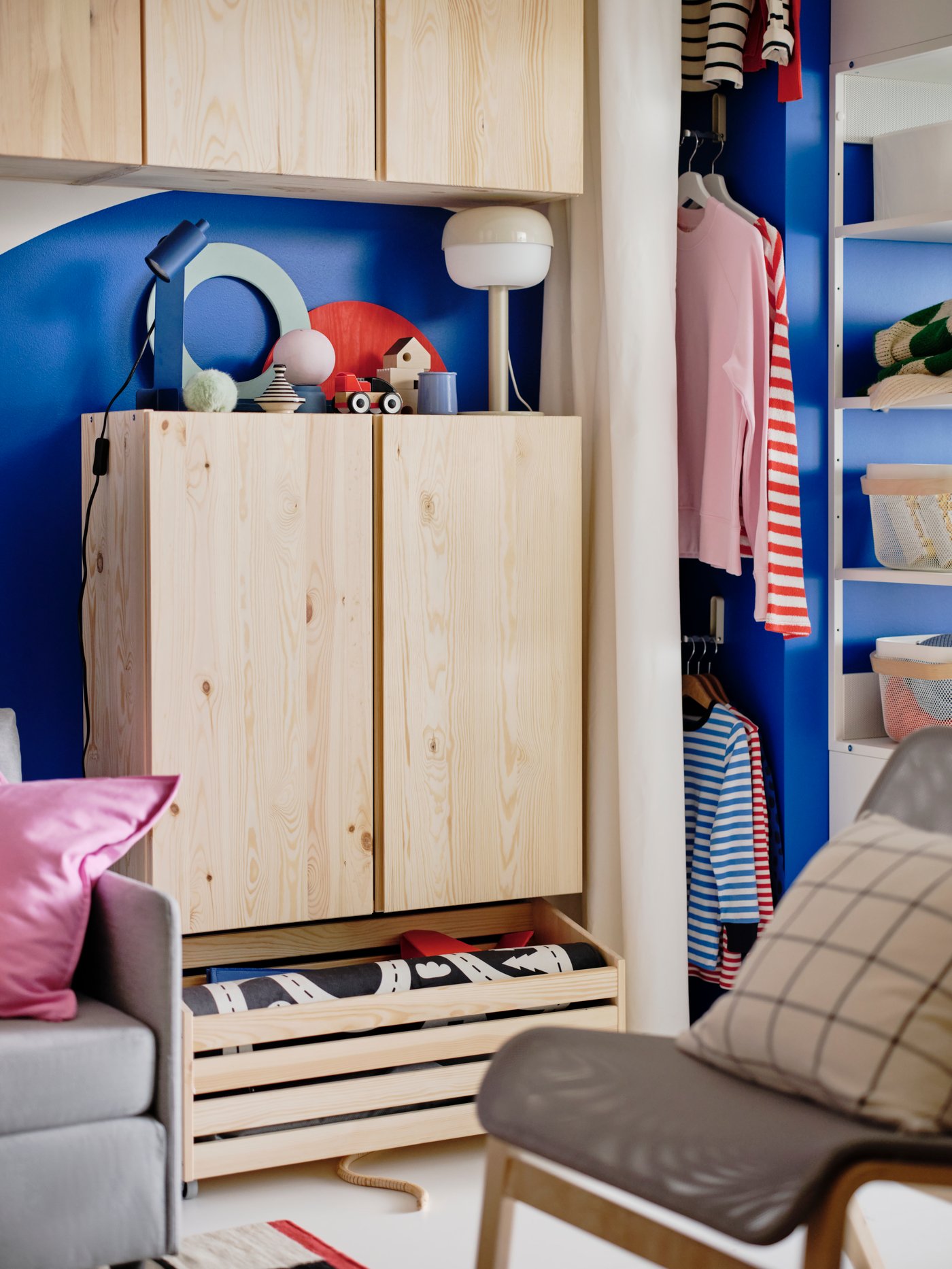 A pine IVAR storage box on wheels