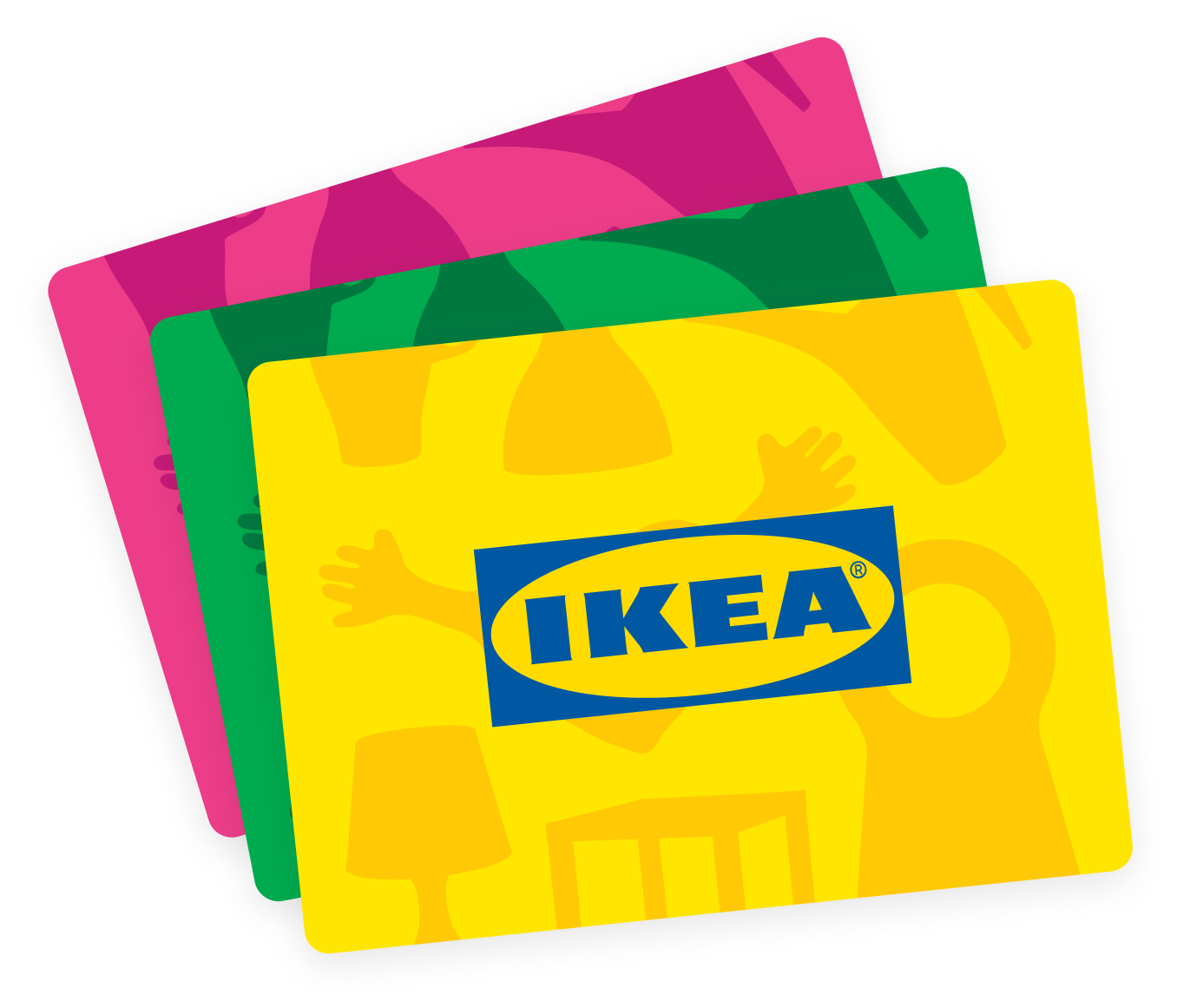 Slika tri raspoređene IKEA poklon-kartice u žutoj, zelenoj i roze boji.