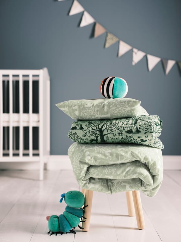 Housse de couette TROLLDOM avec motif animaux de la forêt/verte, 1 taie d'oreiller pour lit bébé
