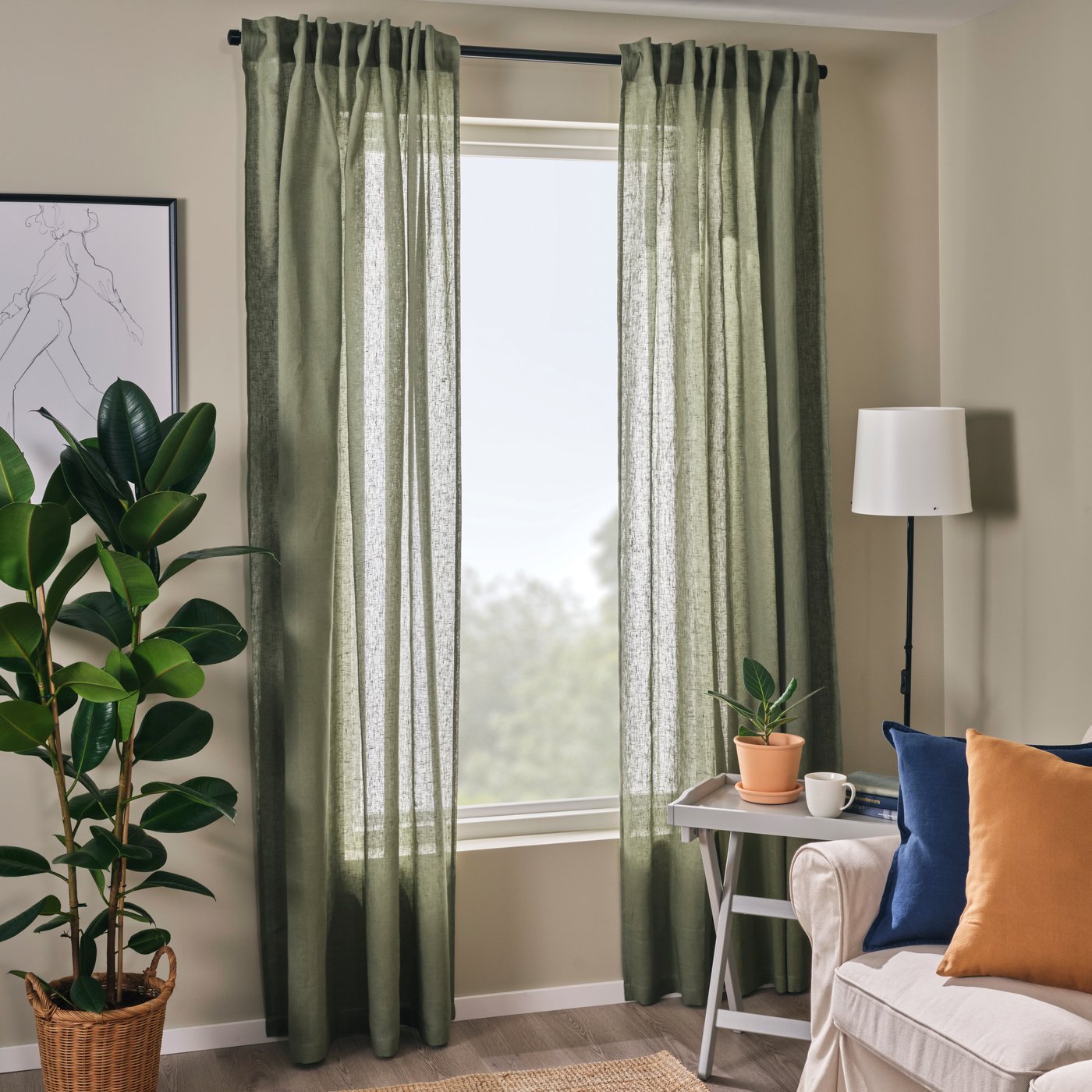 A grey-green/with heading tape DYTÅG curtains, 1 pair